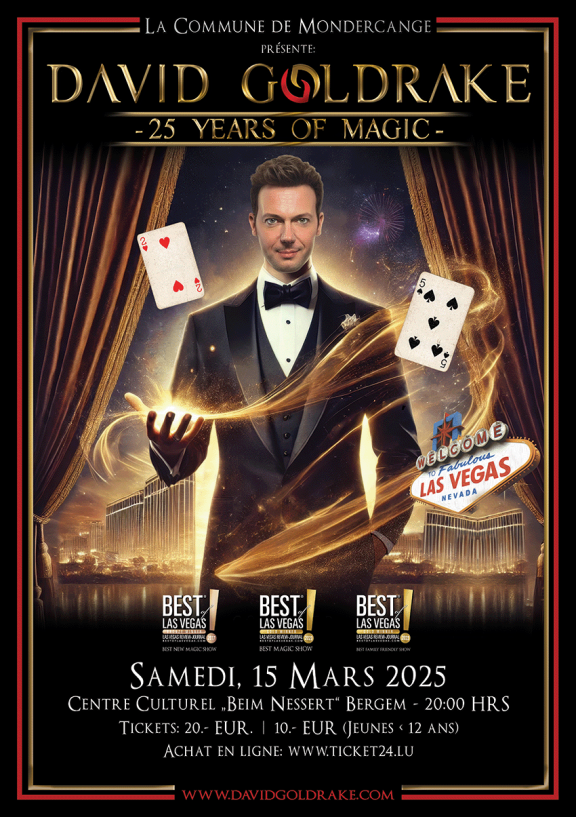 Affiche de David Goldrake - 25 years of magic. Un magicien en costume noir jouant aux cartes de jeu devant un casino américain