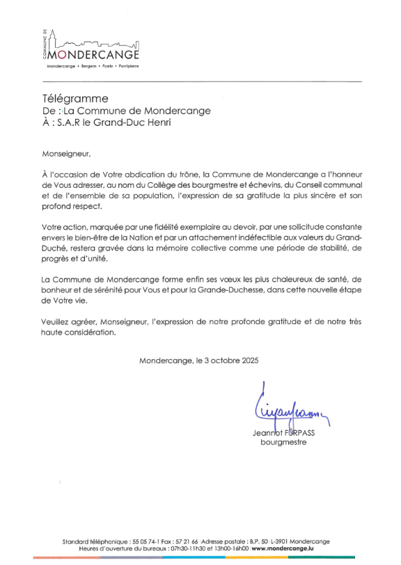 Télégramme à l'attention de Grand-Duc Henri