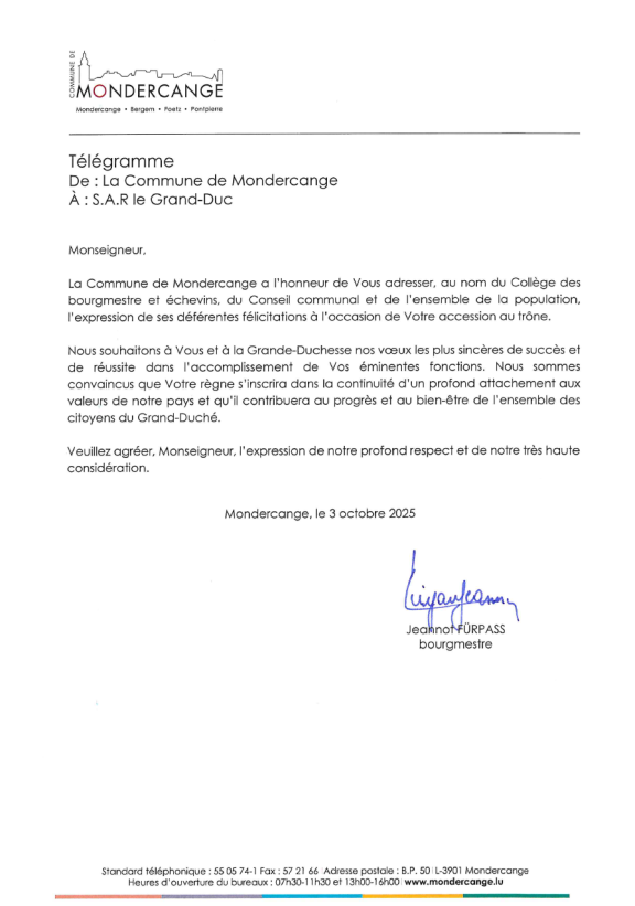 Télégramme à l'attention de Grand-Duc Guillaume
