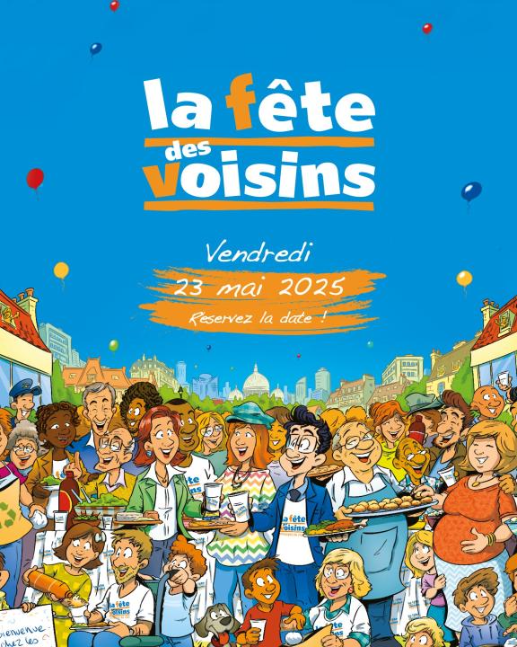 Affiche Nopeschfest (illustration d'une fête de voisins sur fond bleu)